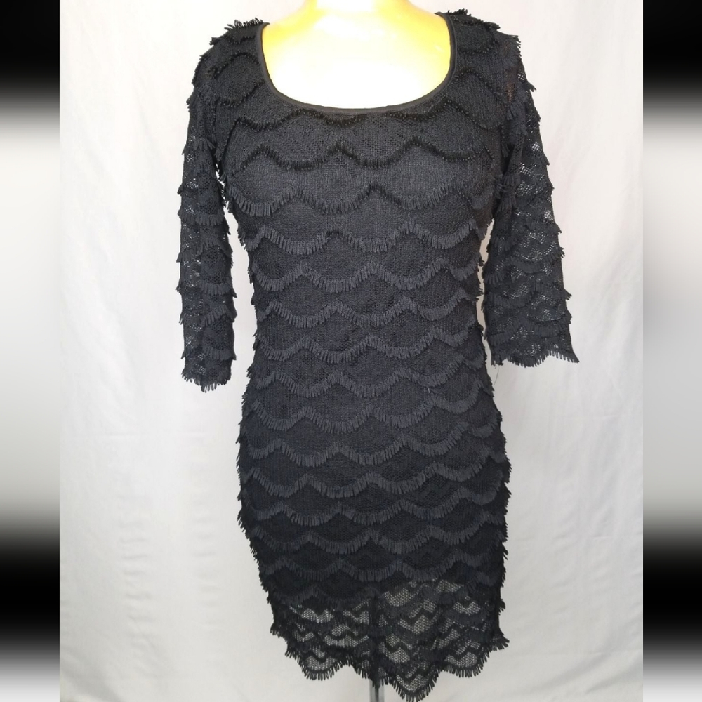 Guess 3/4 Sleeve Ruffle Scalloped Trimmed Flattering And Sexy black dress